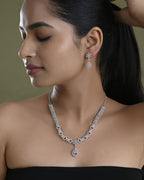 VOJ Silver Plated AD Stone Studded Necklace With Earrings Set