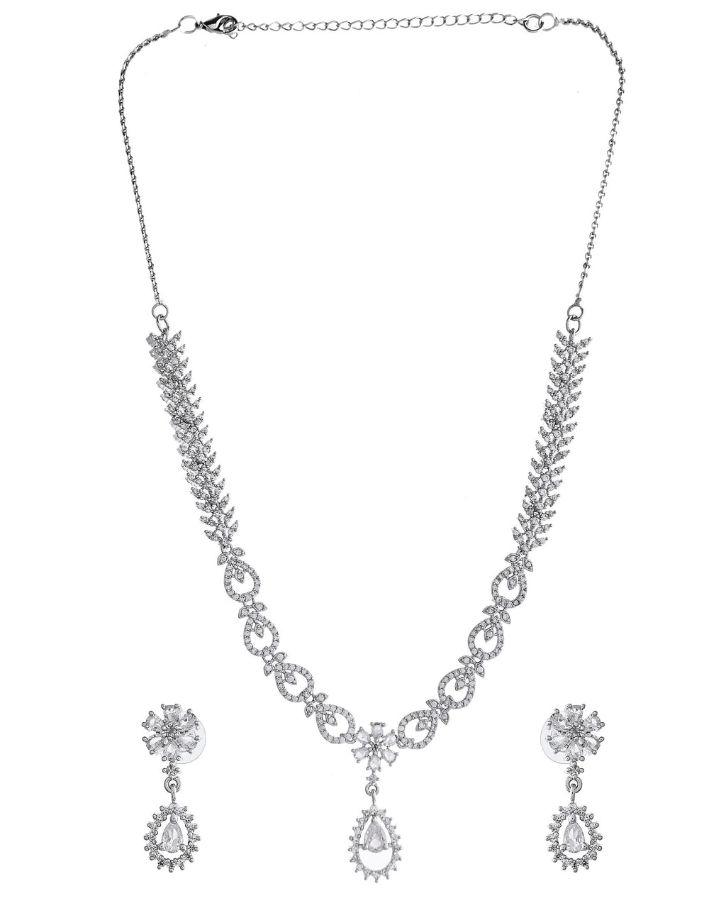 VOJ Silver Plated AD Stone Studded Necklace With Earrings Set