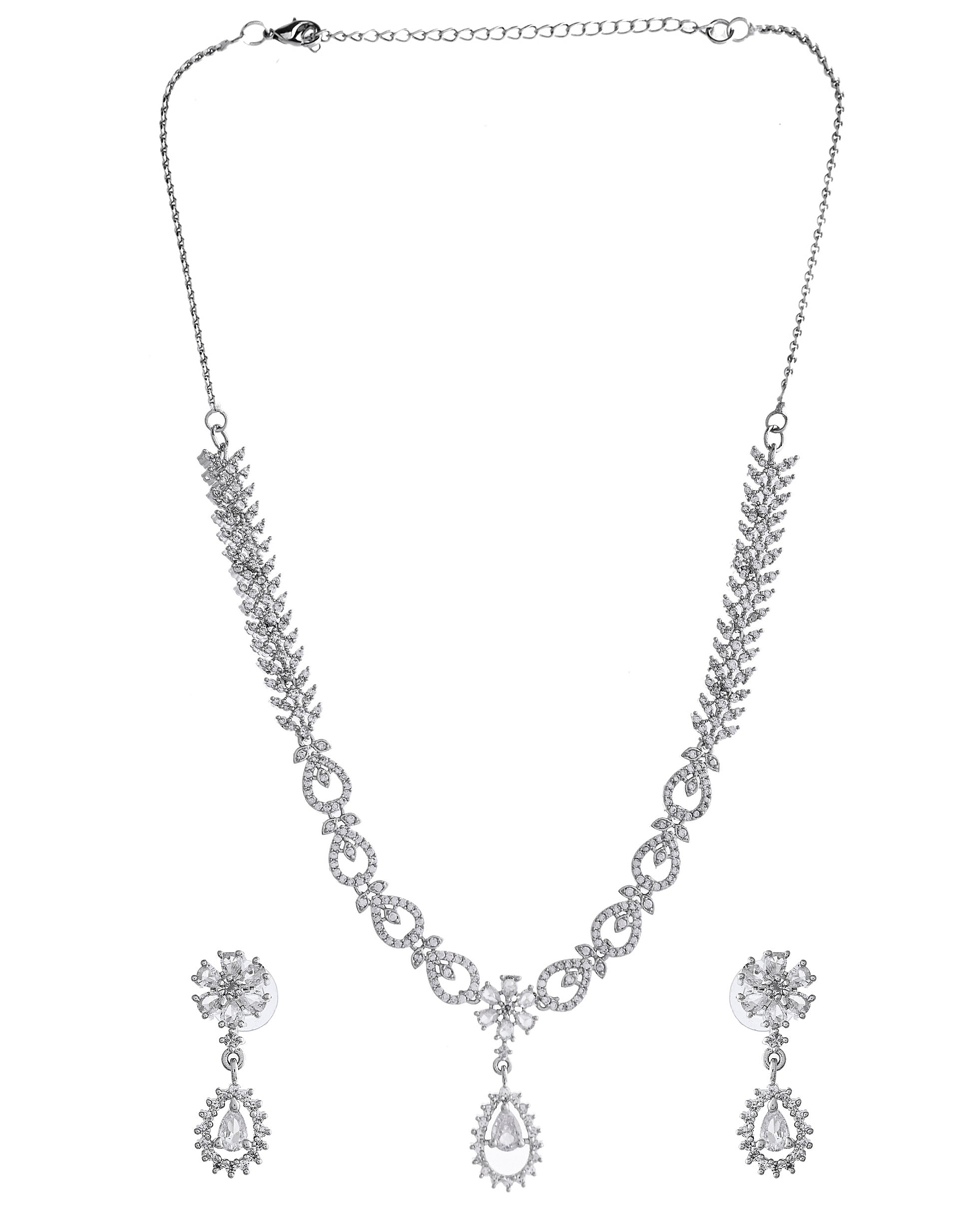 VOJ Silver Plated AD Stone Studded Necklace With Earrings Set
