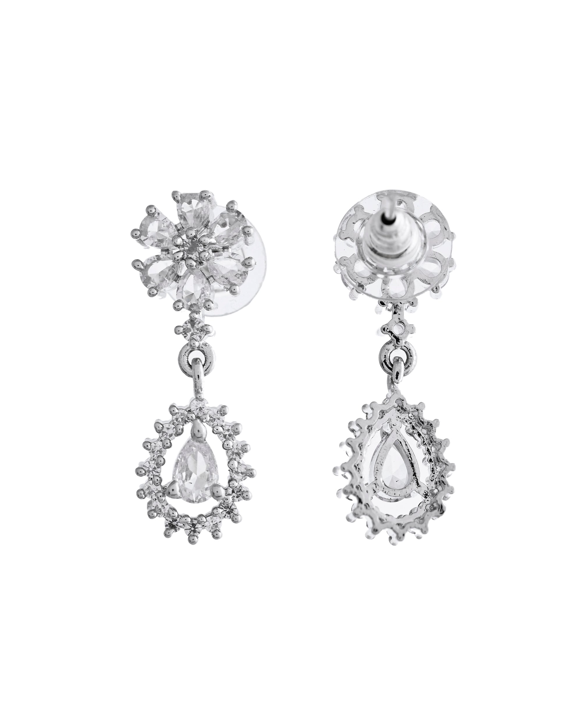 VOJ Silver Plated AD Stone Studded Necklace With Earrings Set