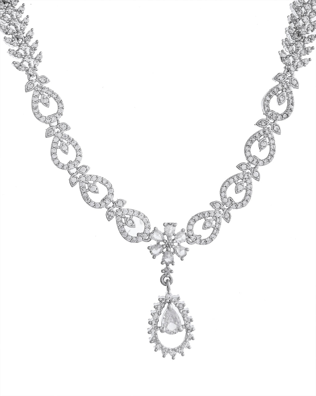 VOJ Silver Plated AD Stone Studded Necklace With Earrings Set