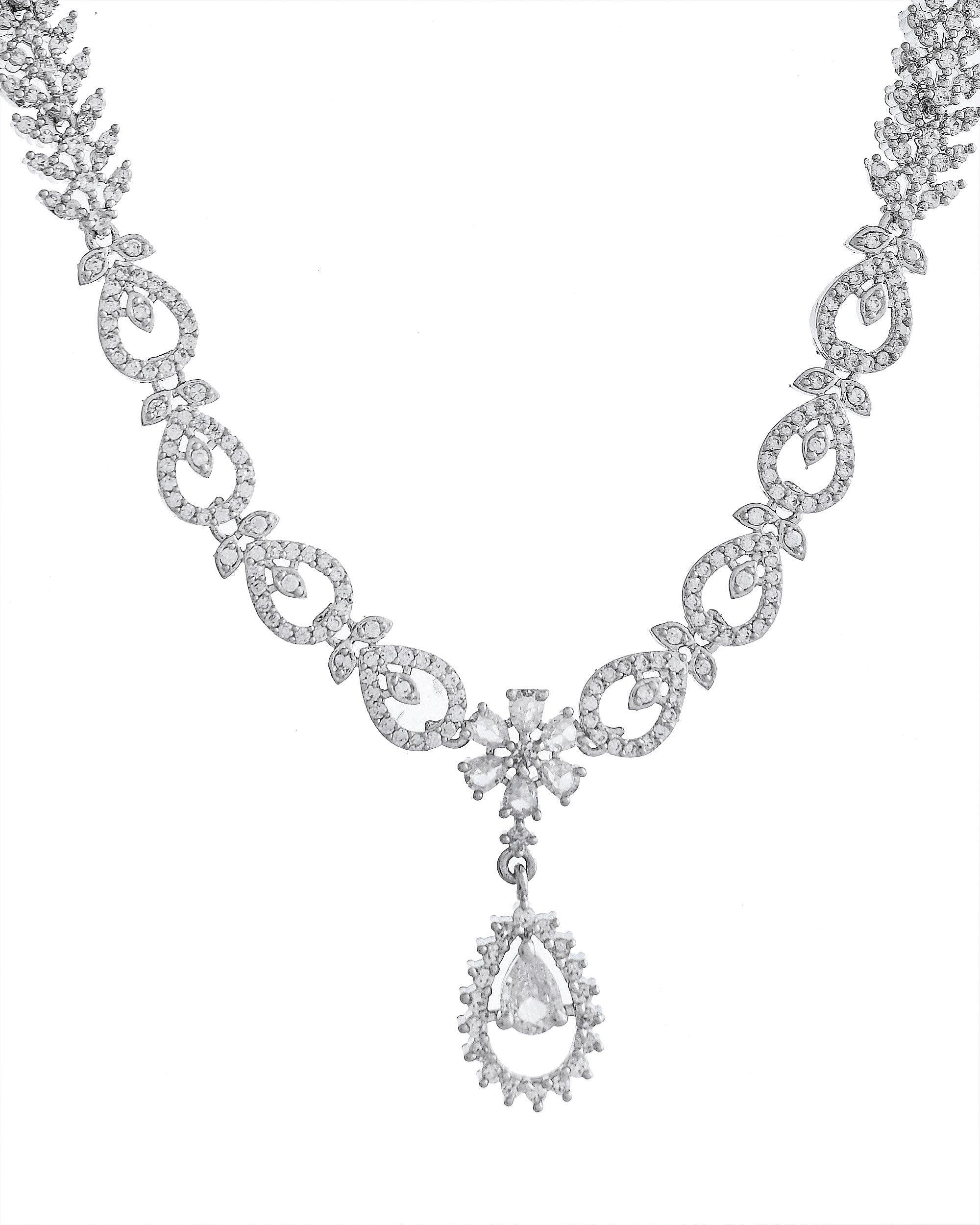 VOJ Silver Plated AD Stone Studded Necklace With Earrings Set