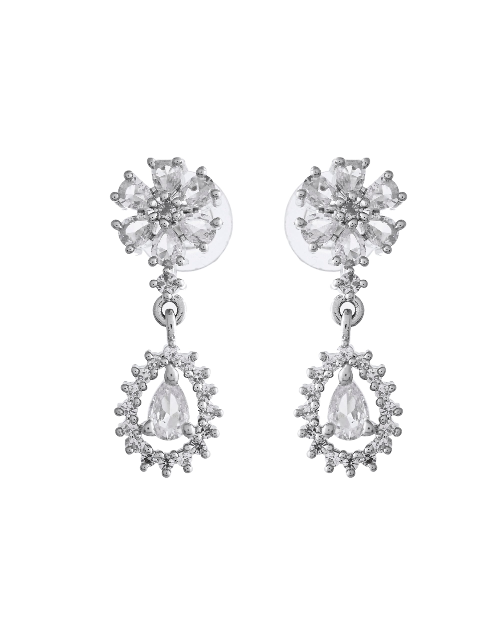 VOJ Silver Plated AD Stone Studded Necklace With Earrings Set