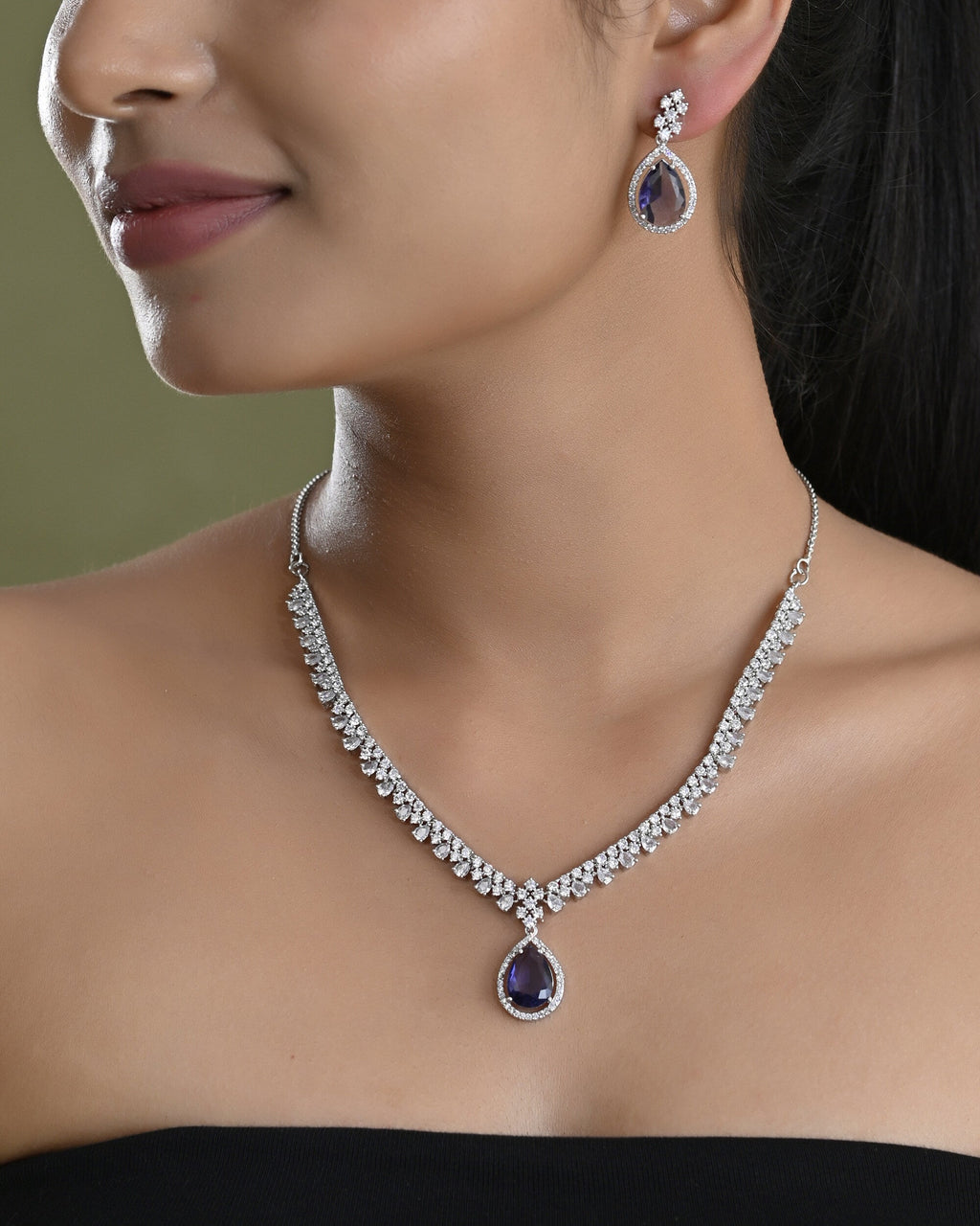VOJ Silver Plated Purple Stone Studded AD Jewellery Set