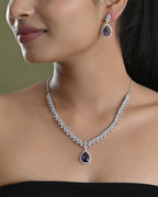 VOJ Silver Plated Purple Stone Studded AD Jewellery Set