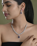 VOJ Silver Plated Purple Stone Studded AD Jewellery Set