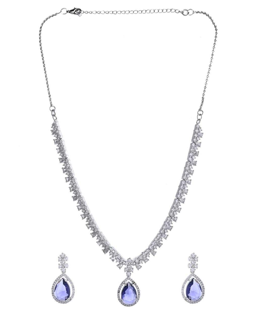 VOJ Silver Plated Purple Stone Studded AD Jewellery Set