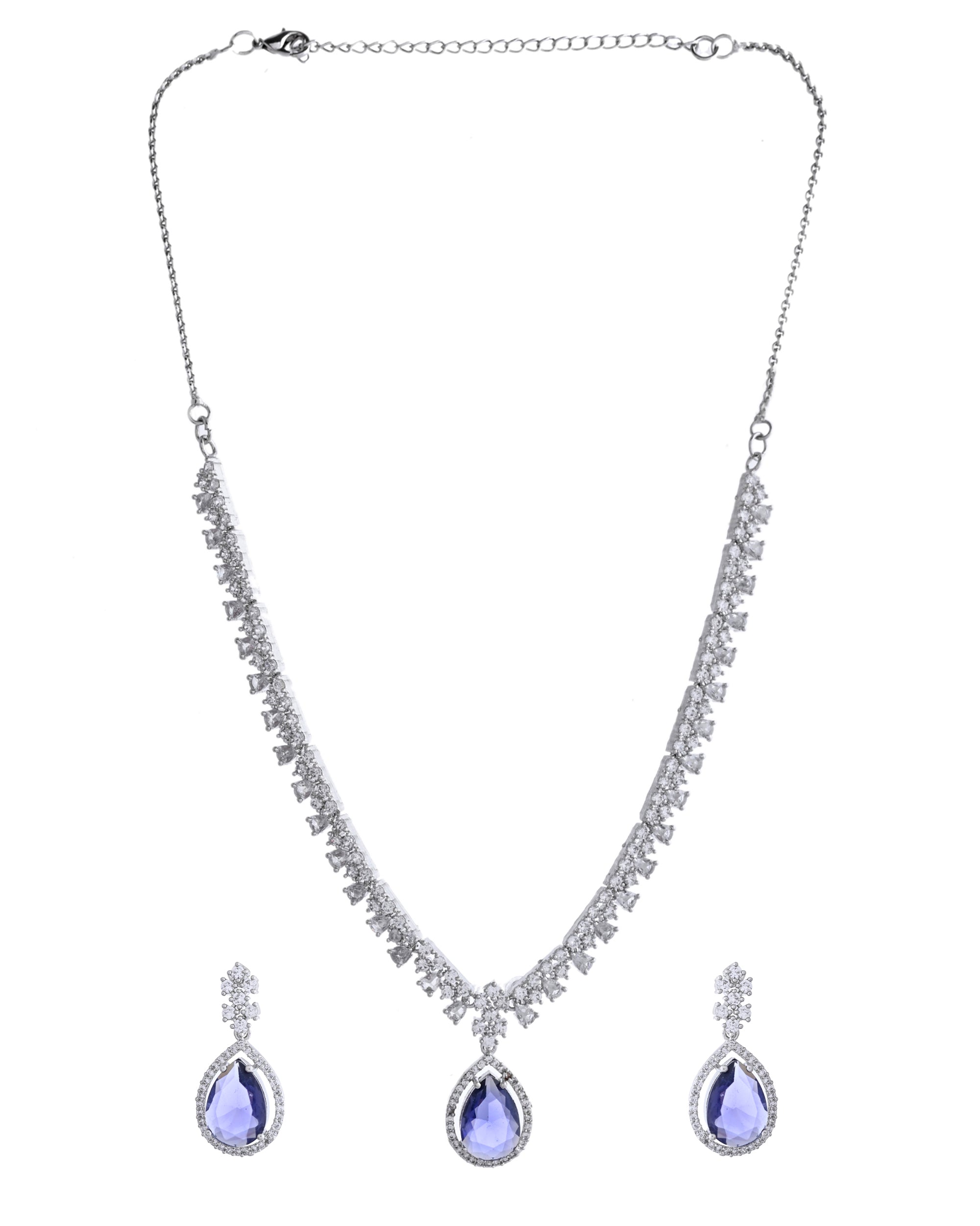 VOJ Silver Plated Purple Stone Studded AD Jewellery Set