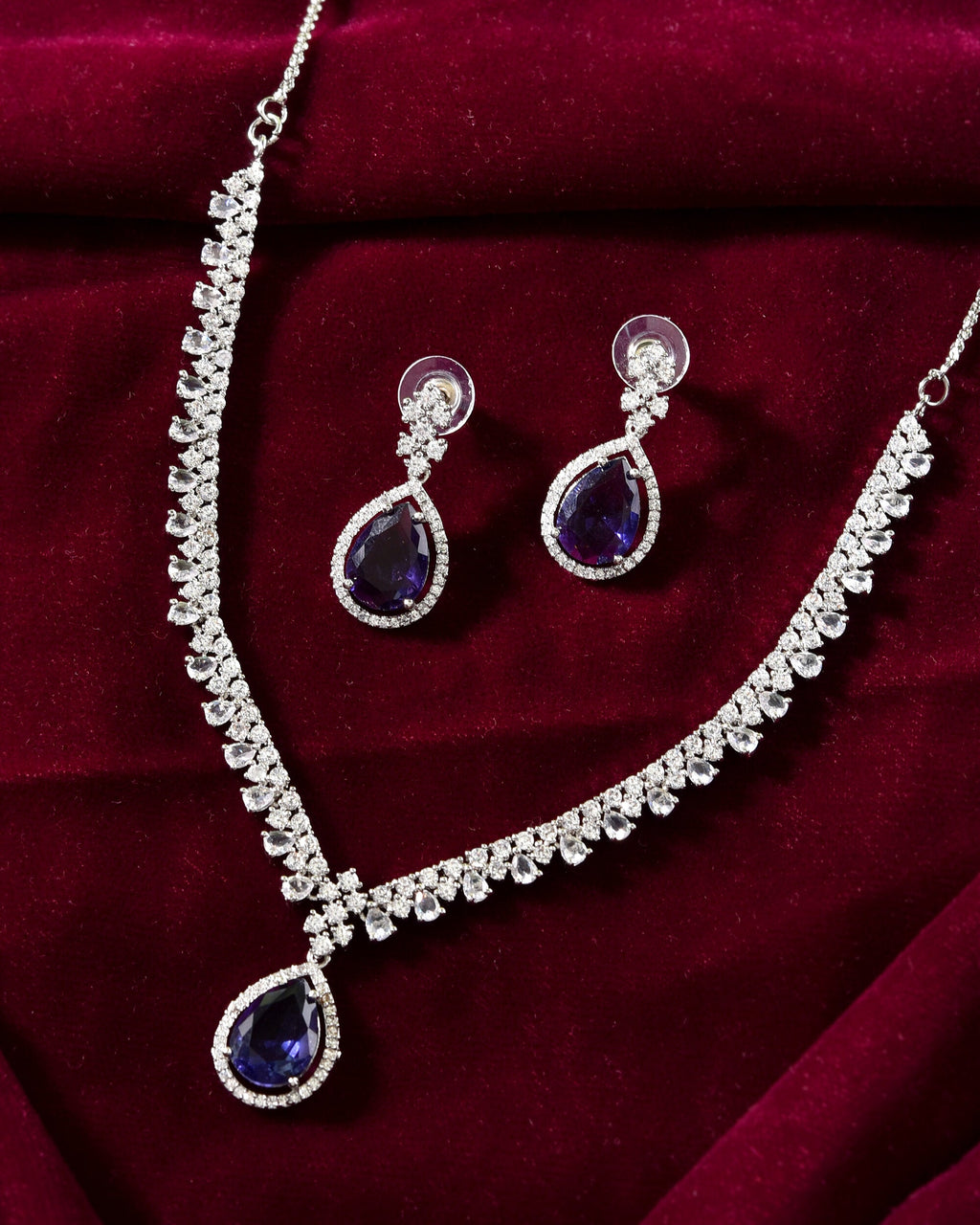 VOJ Silver Plated Purple Stone Studded AD Jewellery Set
