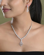 VOJ Silver Plated Tear Drop Shaped AD Necklace With Earrings Set