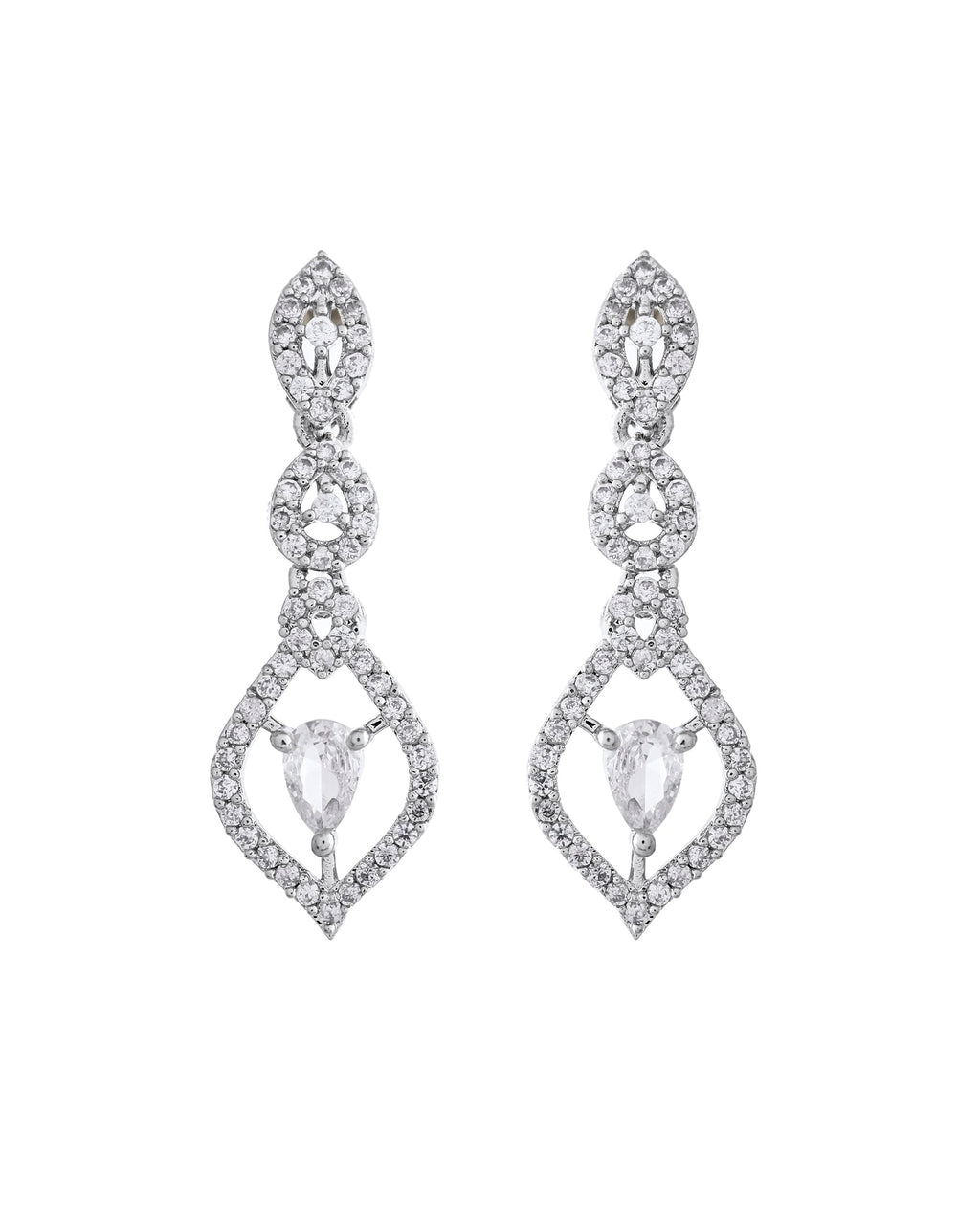 VOJ Silver Plated Tear Drop Shaped AD Necklace With Earrings Set