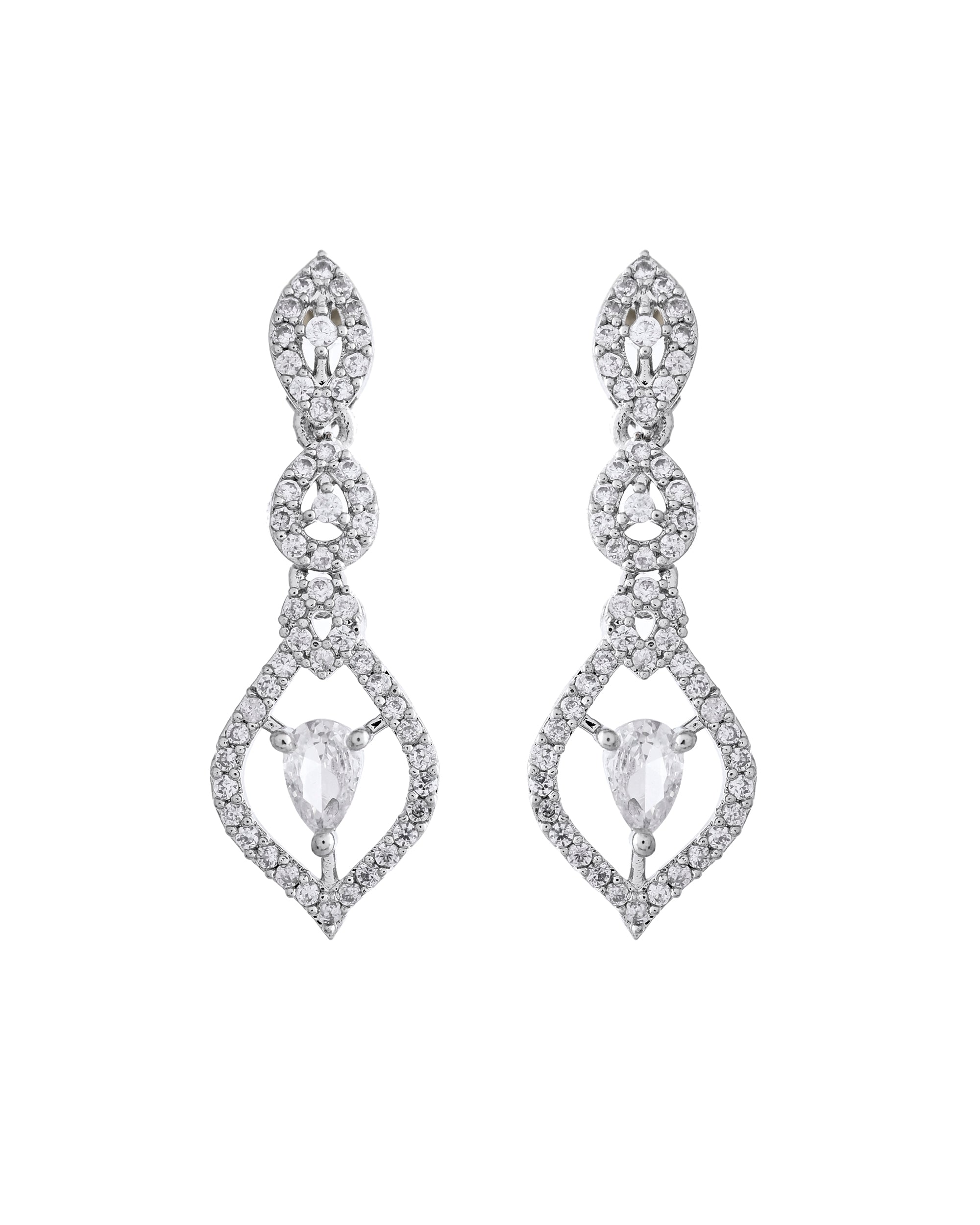 VOJ Silver Plated Tear Drop Shaped AD Necklace With Earrings Set