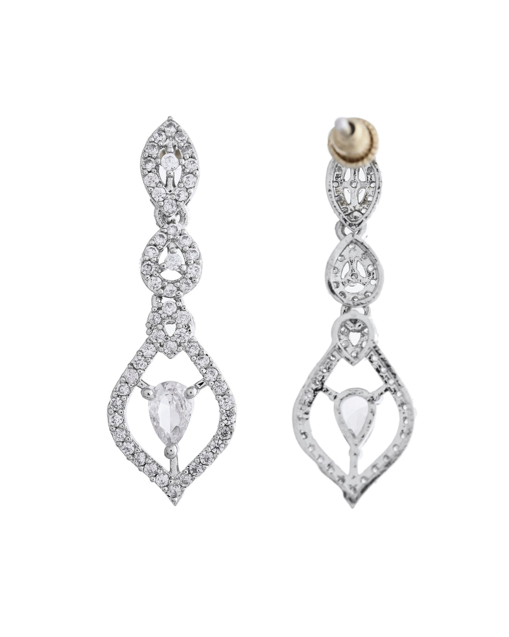 VOJ Silver Plated Tear Drop Shaped AD Necklace With Earrings Set