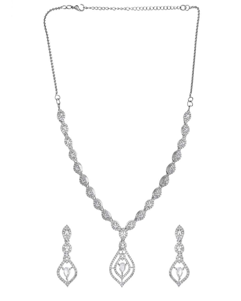 VOJ Silver Plated Tear Drop Shaped AD Necklace With Earrings Set