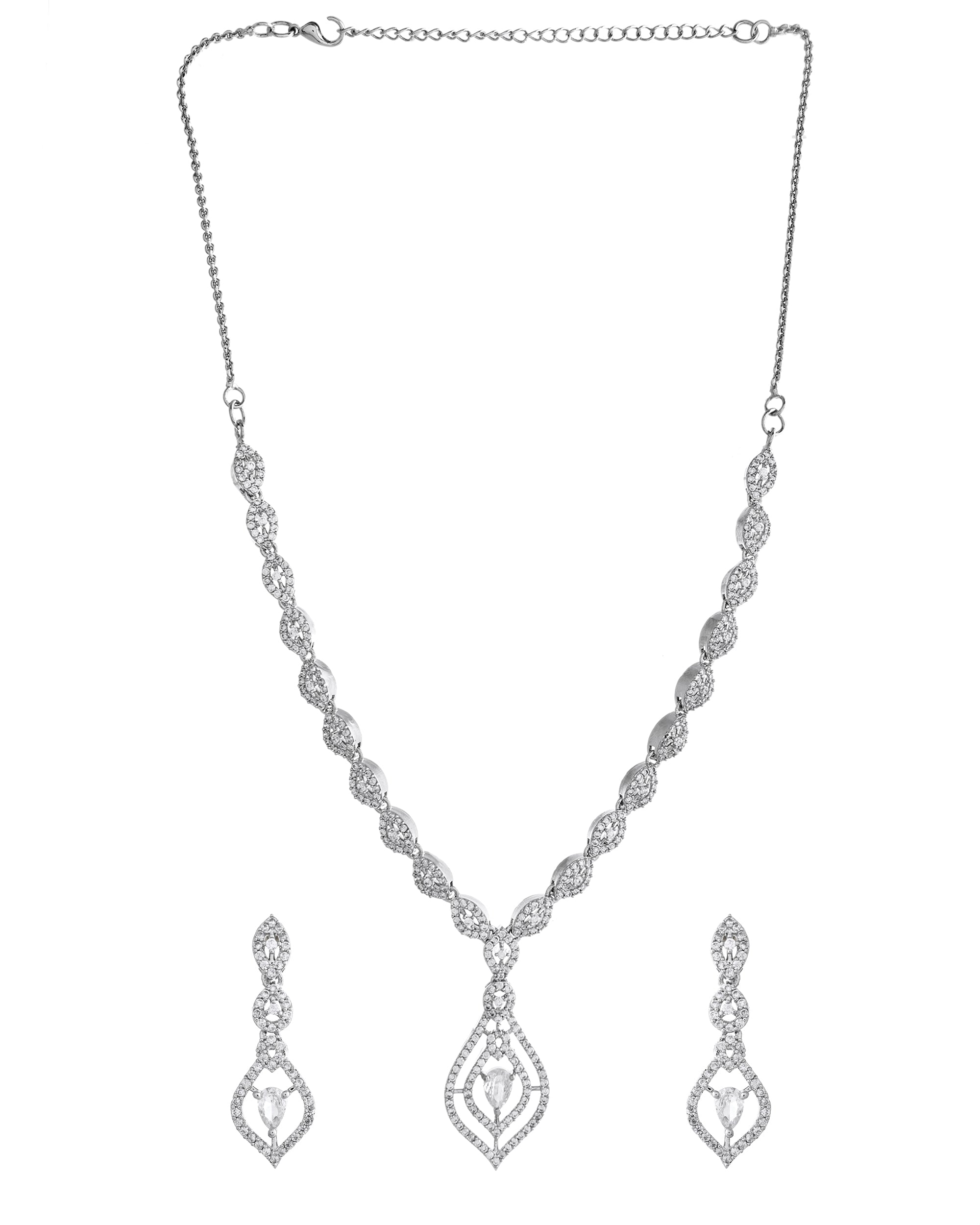 VOJ Silver Plated Tear Drop Shaped AD Necklace With Earrings Set