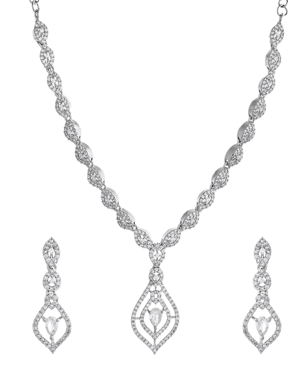 VOJ Silver Plated Tear Drop Shaped AD Necklace With Earrings Set