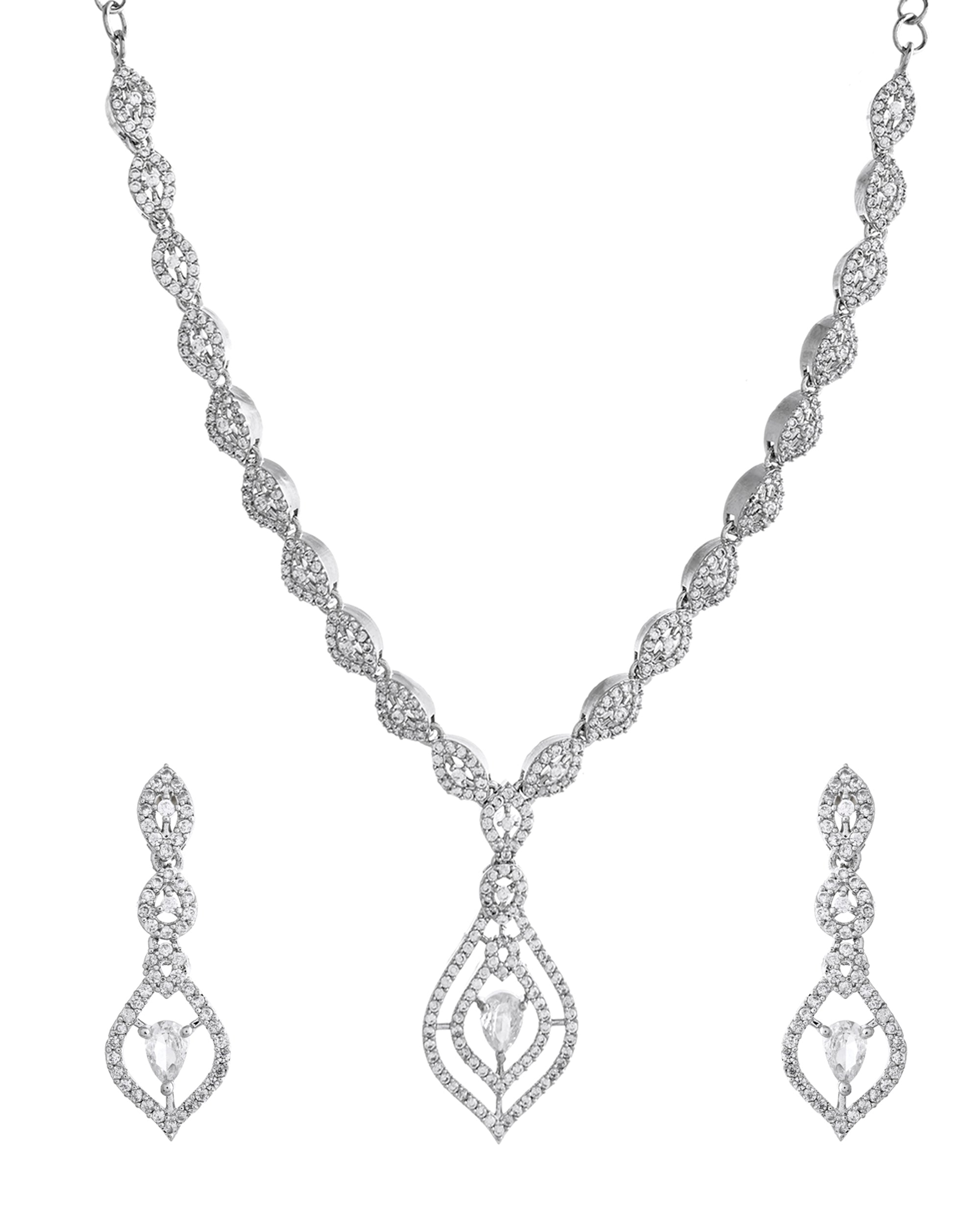 VOJ Silver Plated Tear Drop Shaped AD Necklace With Earrings Set