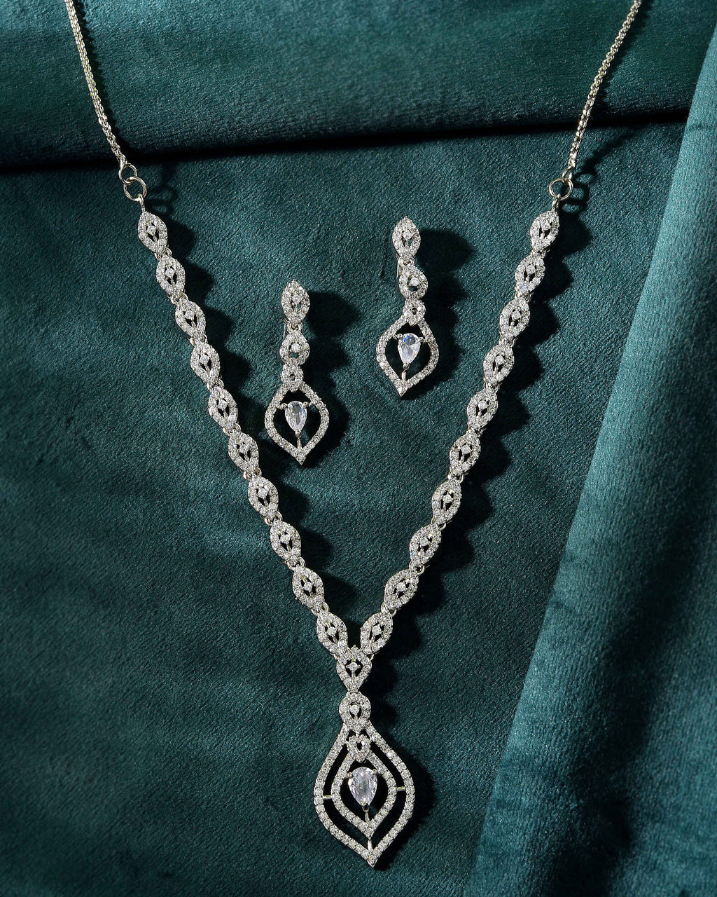 VOJ Silver Plated Tear Drop Shaped AD Necklace With Earrings Set