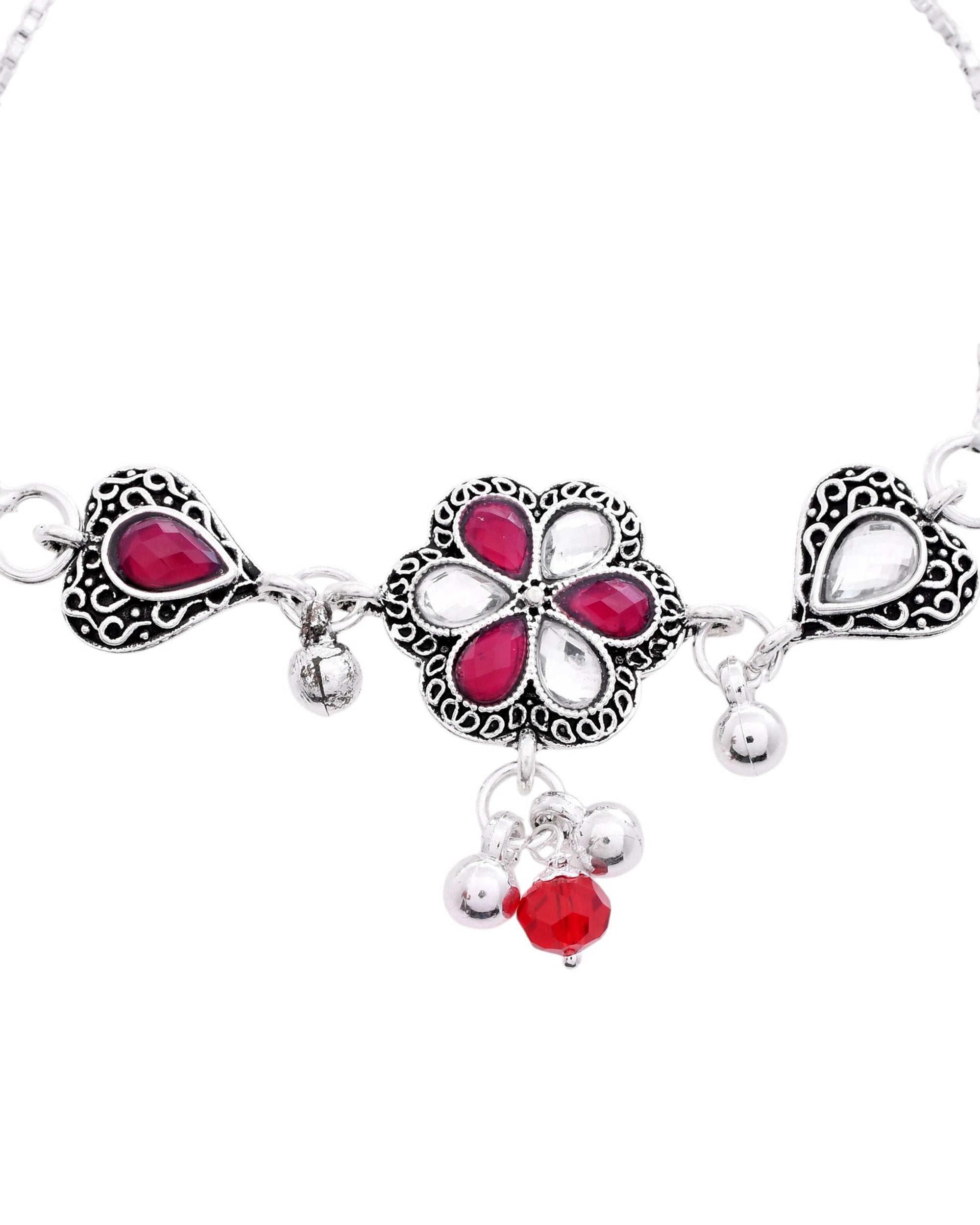 VOJ Set of 2 Silver Plated Floral Meenakari Anklet - Distacart