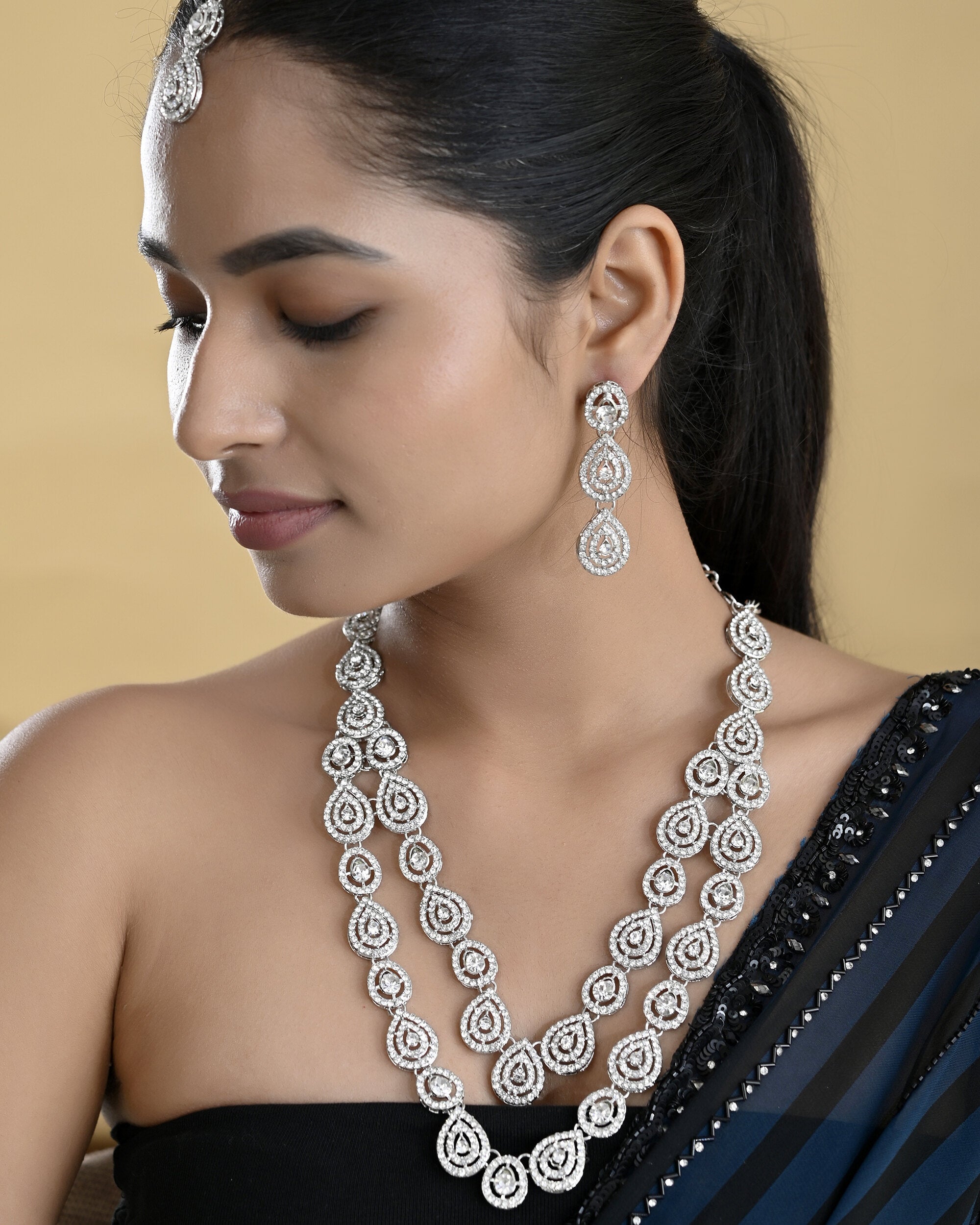 VOJ Sliver Plated American Diamond Studded Jewellery Set
