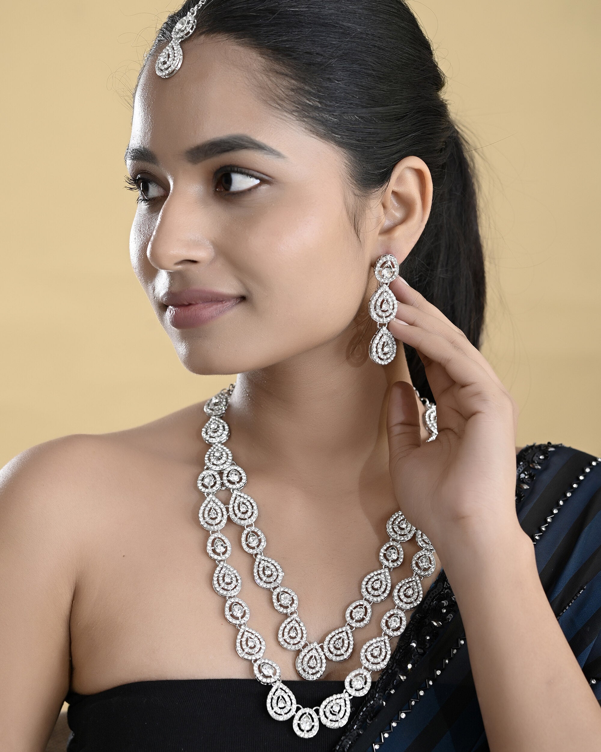VOJ Sliver Plated American Diamond Studded Jewellery Set
