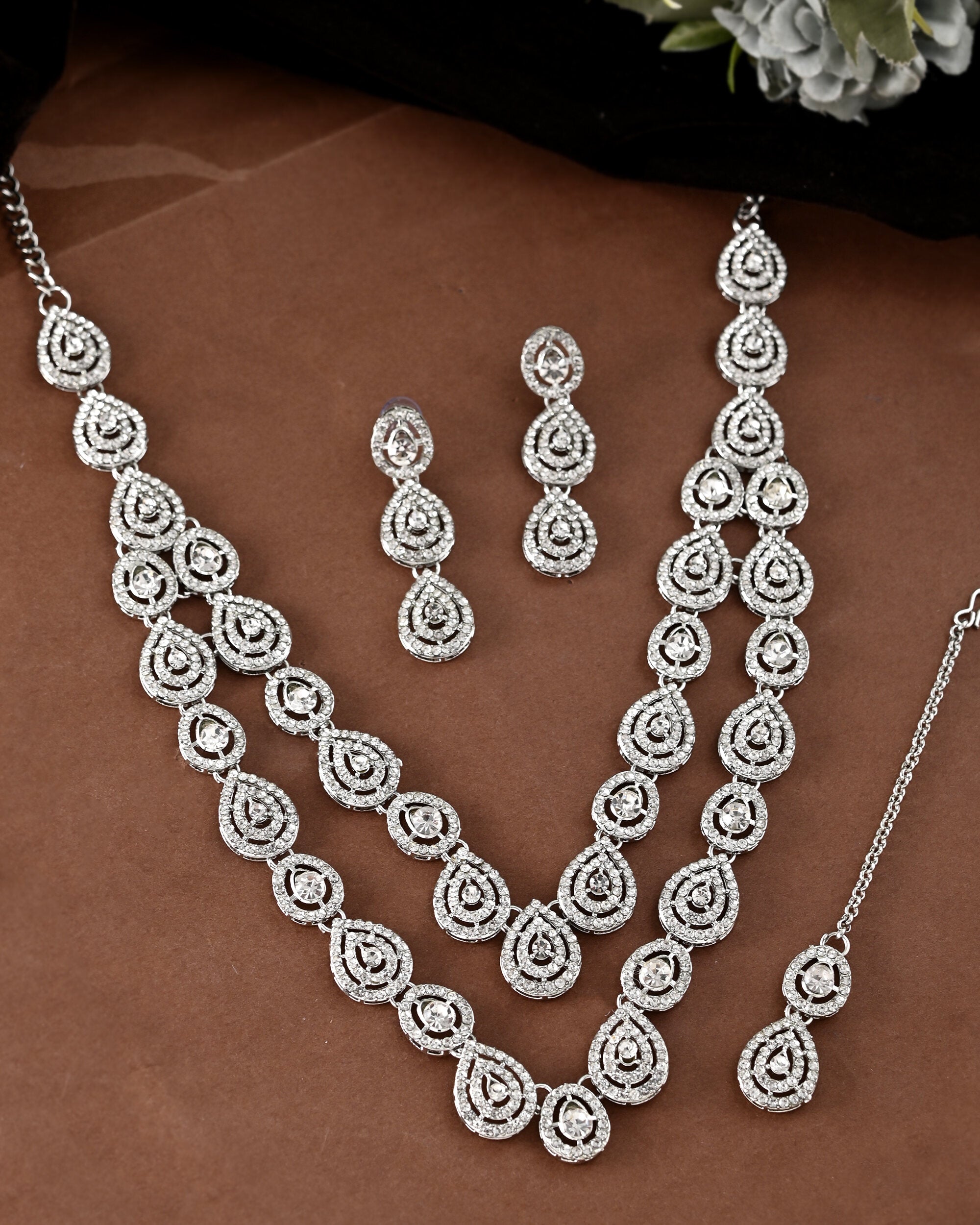 VOJ Sliver Plated American Diamond Studded Jewellery Set