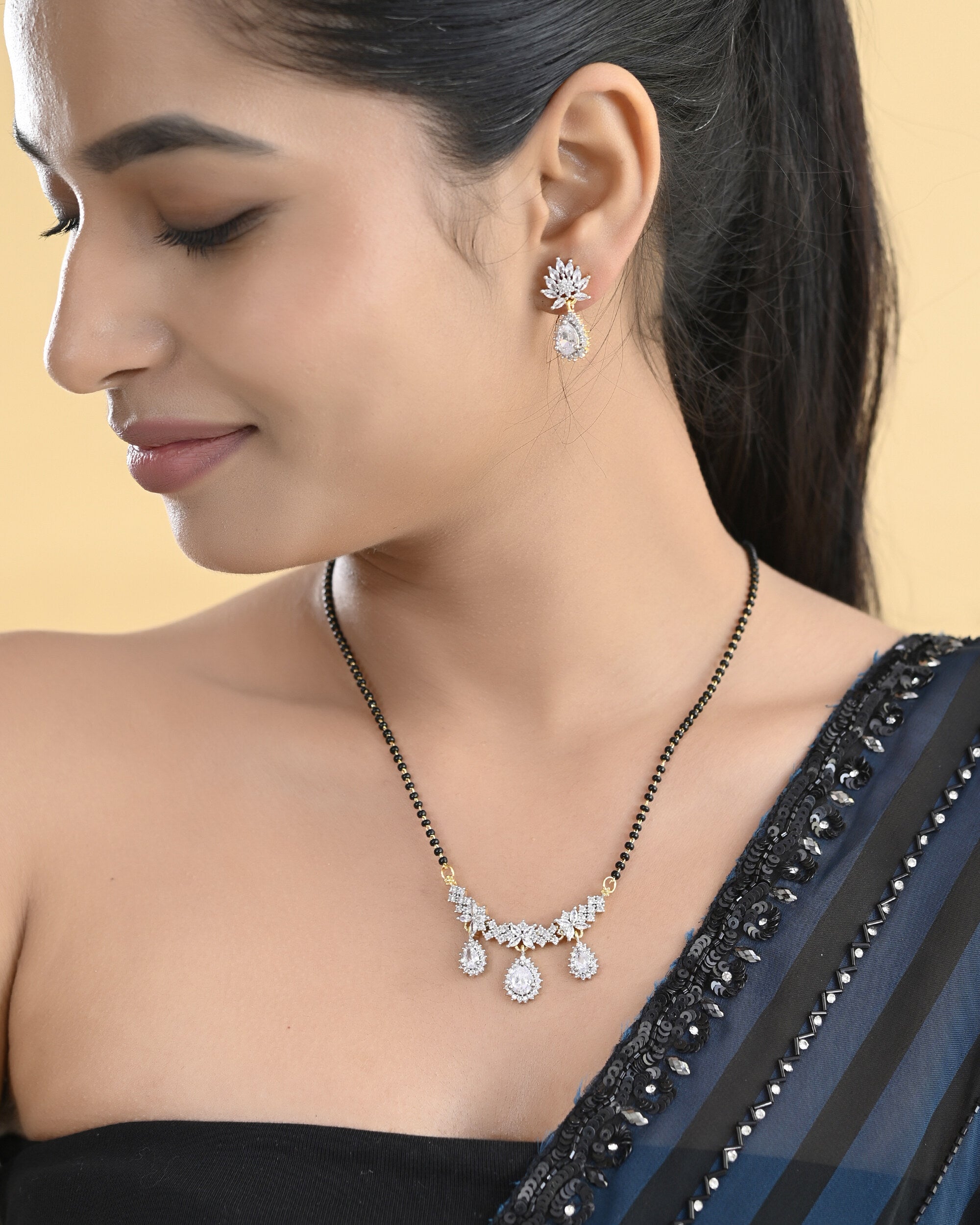 VOJ Gold Toned AD Stone Studded Tear Drop Design MangalSutra Set - Distacart