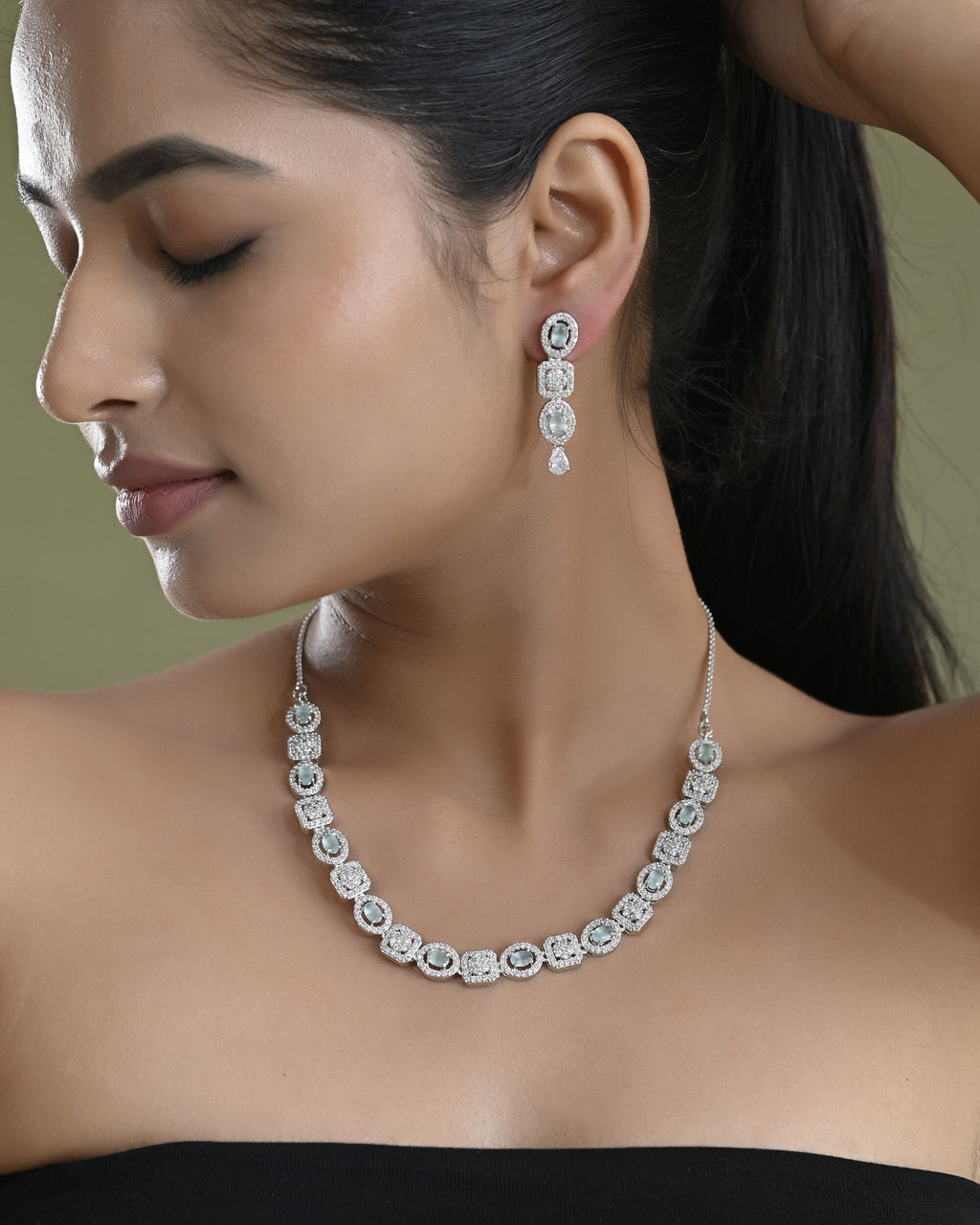 VOJ Silver Plated Mint Green Stone AD Jewellery Set