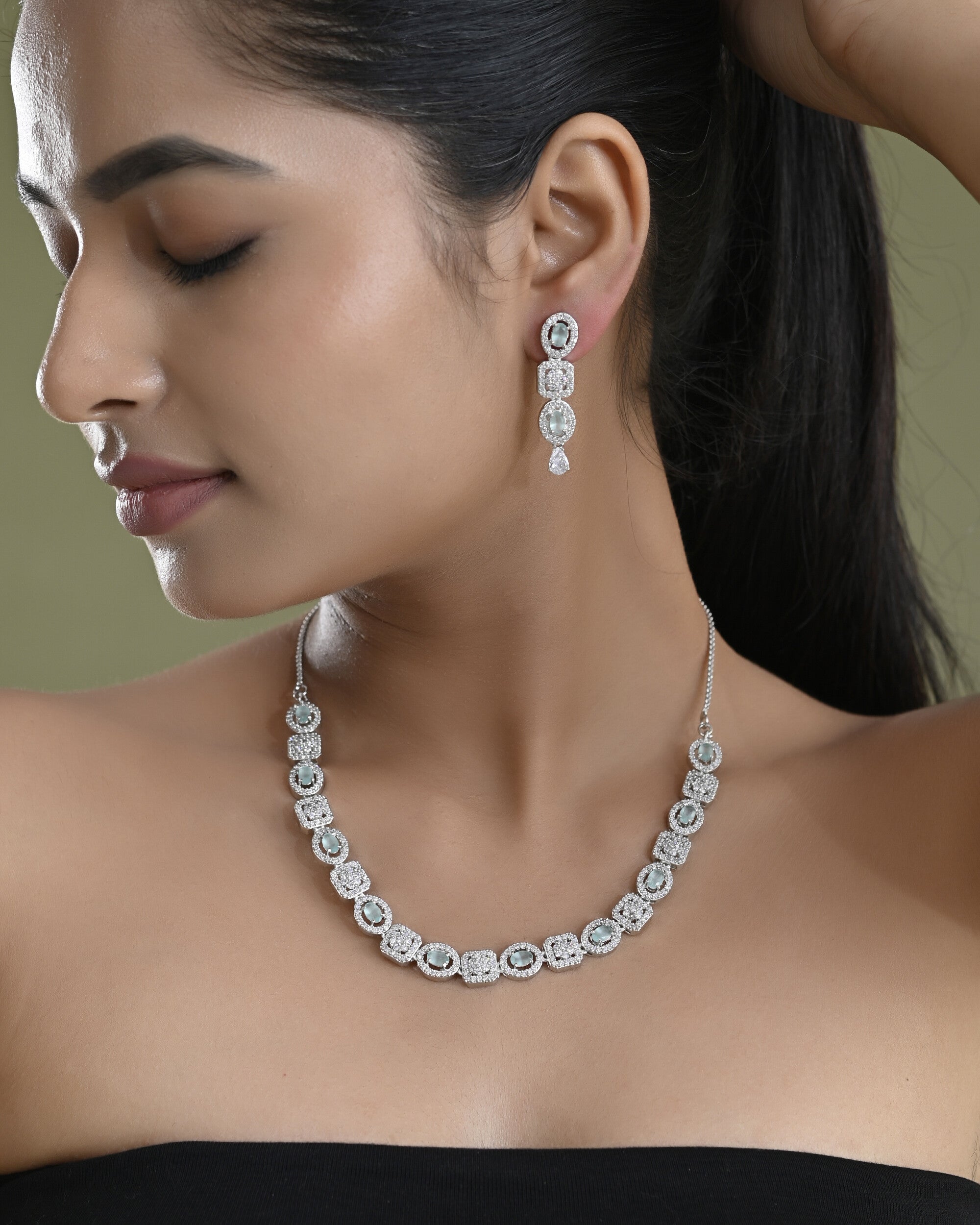 VOJ Silver Plated Mint Green Stone AD Jewellery Set