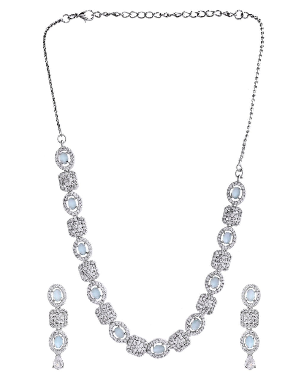 VOJ Silver Plated Mint Green Stone AD Jewellery Set