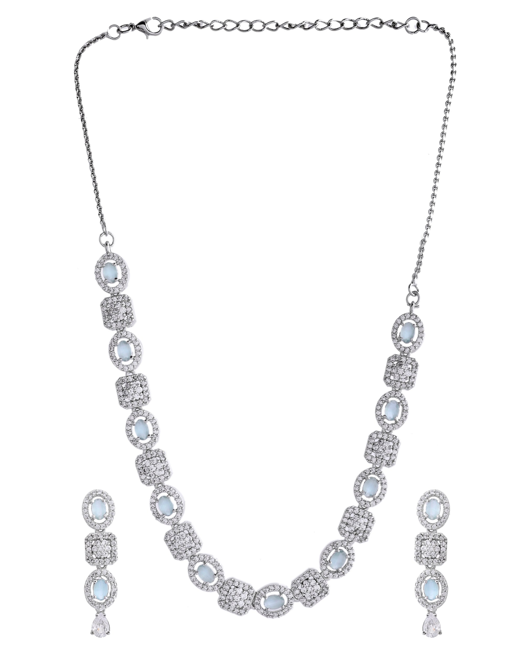 VOJ Silver Plated Mint Green Stone AD Jewellery Set