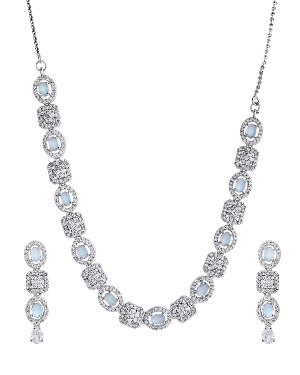VOJ Silver Plated Mint Green Stone AD Jewellery Set
