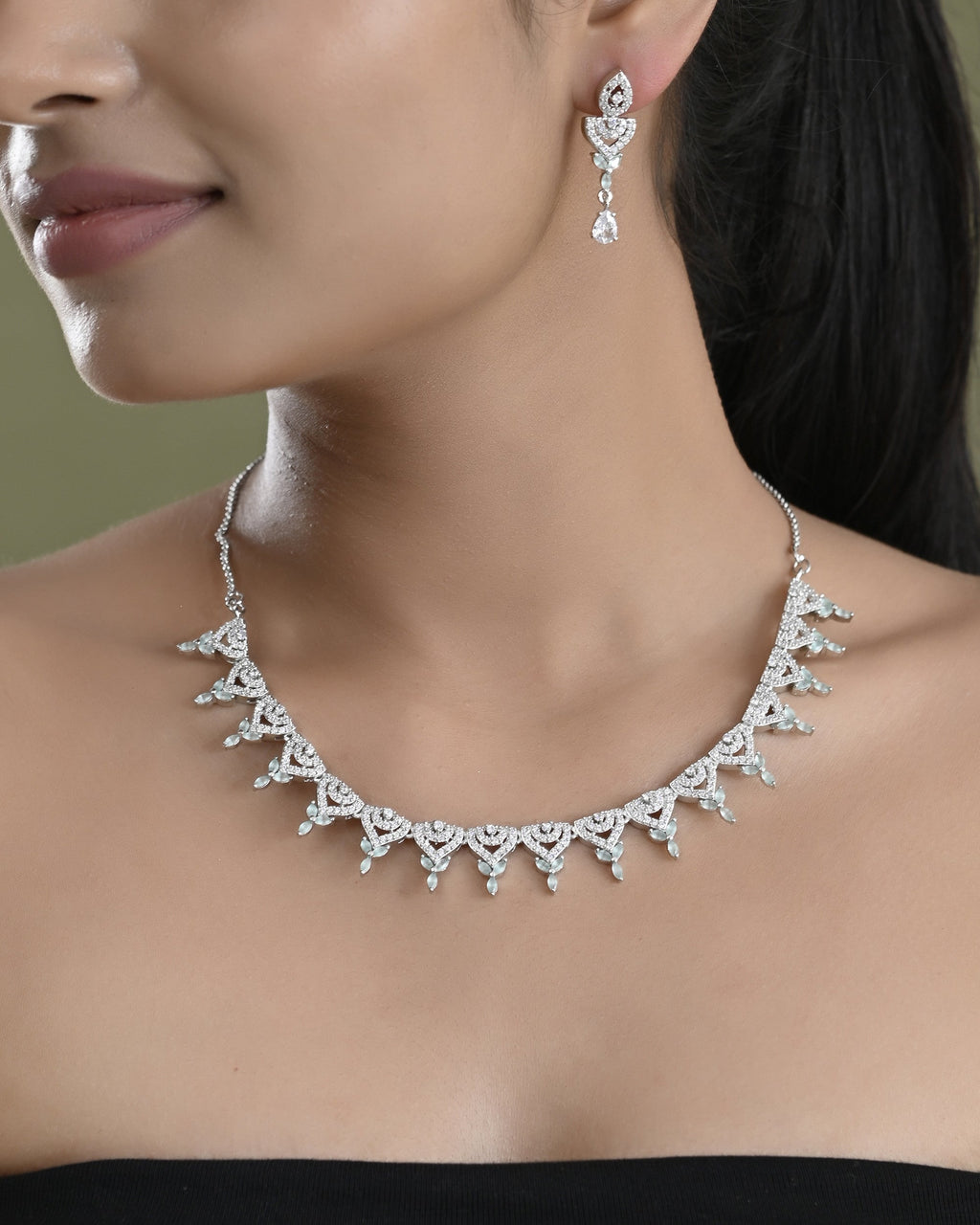 VOJ Silver Plated Mint Green Stone AD Necklace And Earrings Set