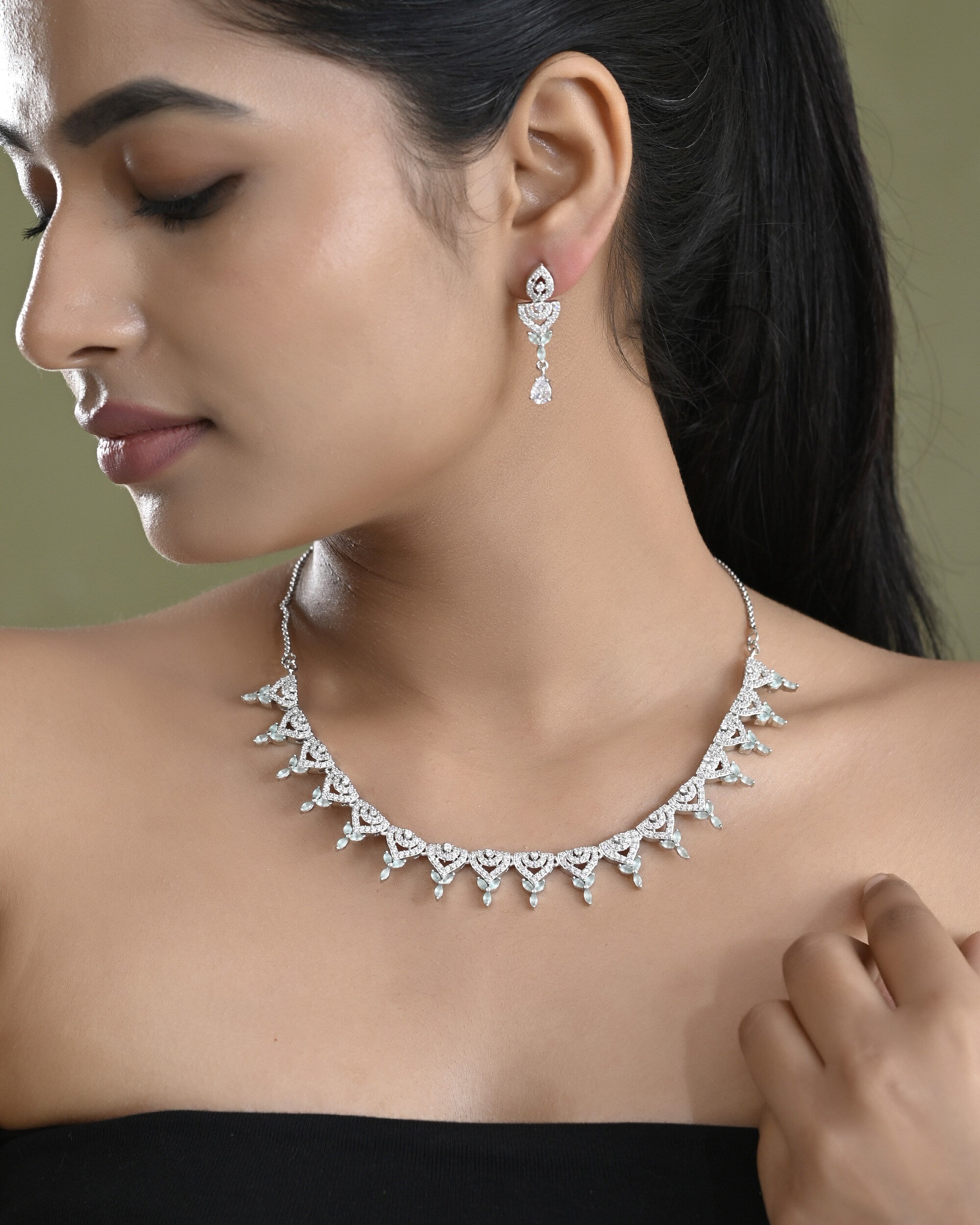 VOJ Silver Plated Mint Green Stone AD Necklace And Earrings Set