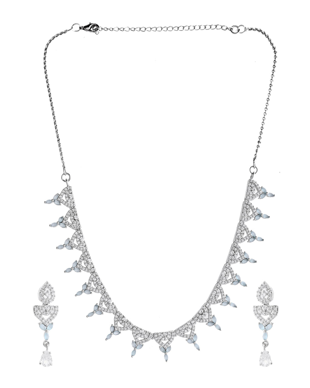 VOJ Silver Plated Mint Green Stone AD Necklace And Earrings Set