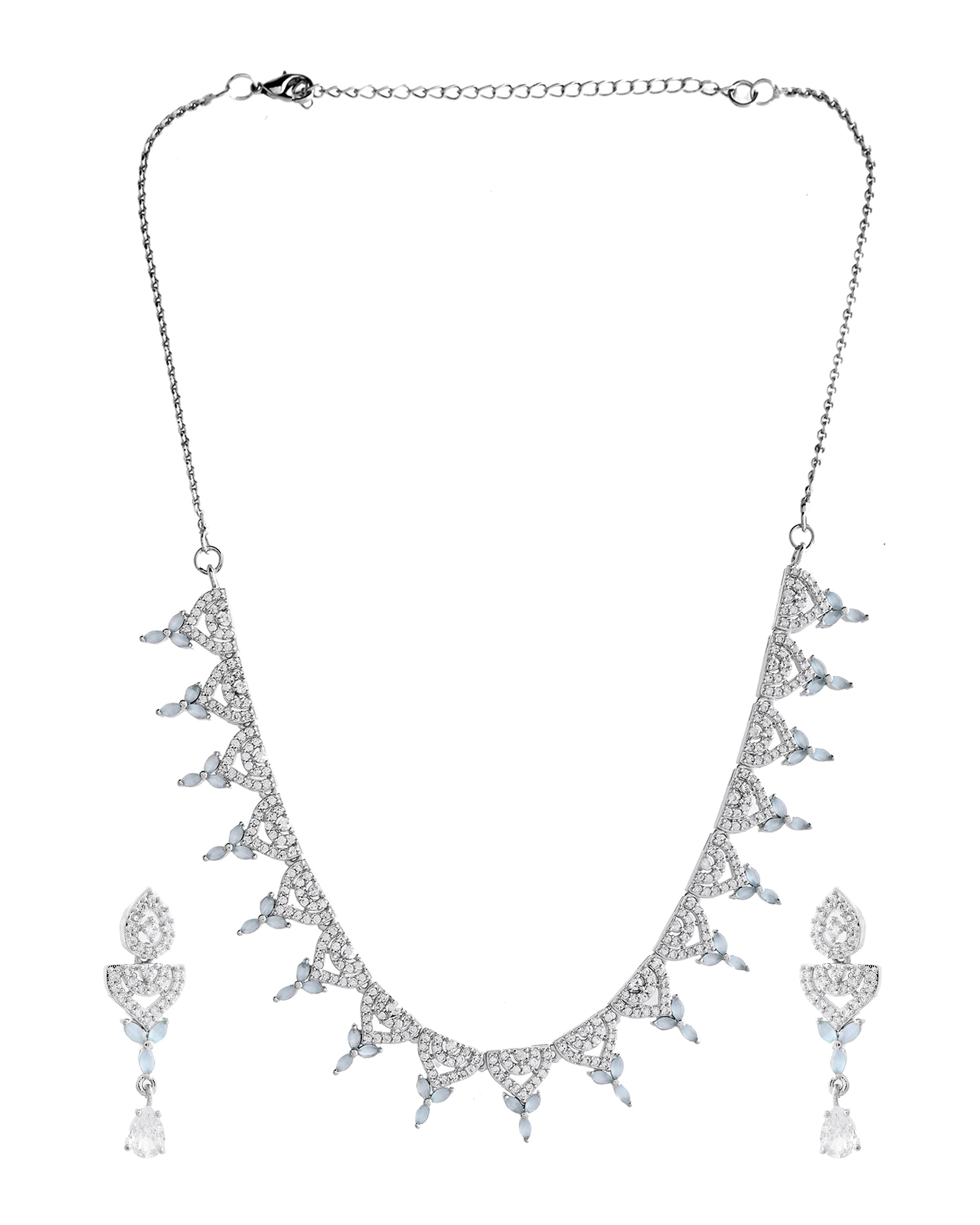 VOJ Silver Plated Mint Green Stone AD Necklace And Earrings Set