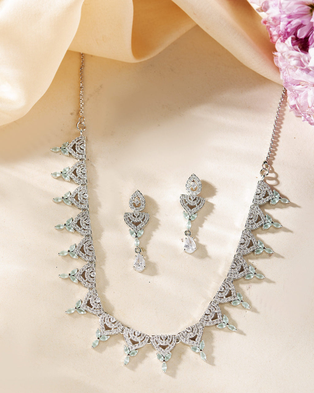 VOJ Silver Plated Mint Green Stone AD Necklace And Earrings Set