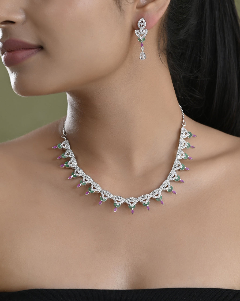 VOJ Silver Plated Green And Pink Stone AD Necklace And Earrings Set