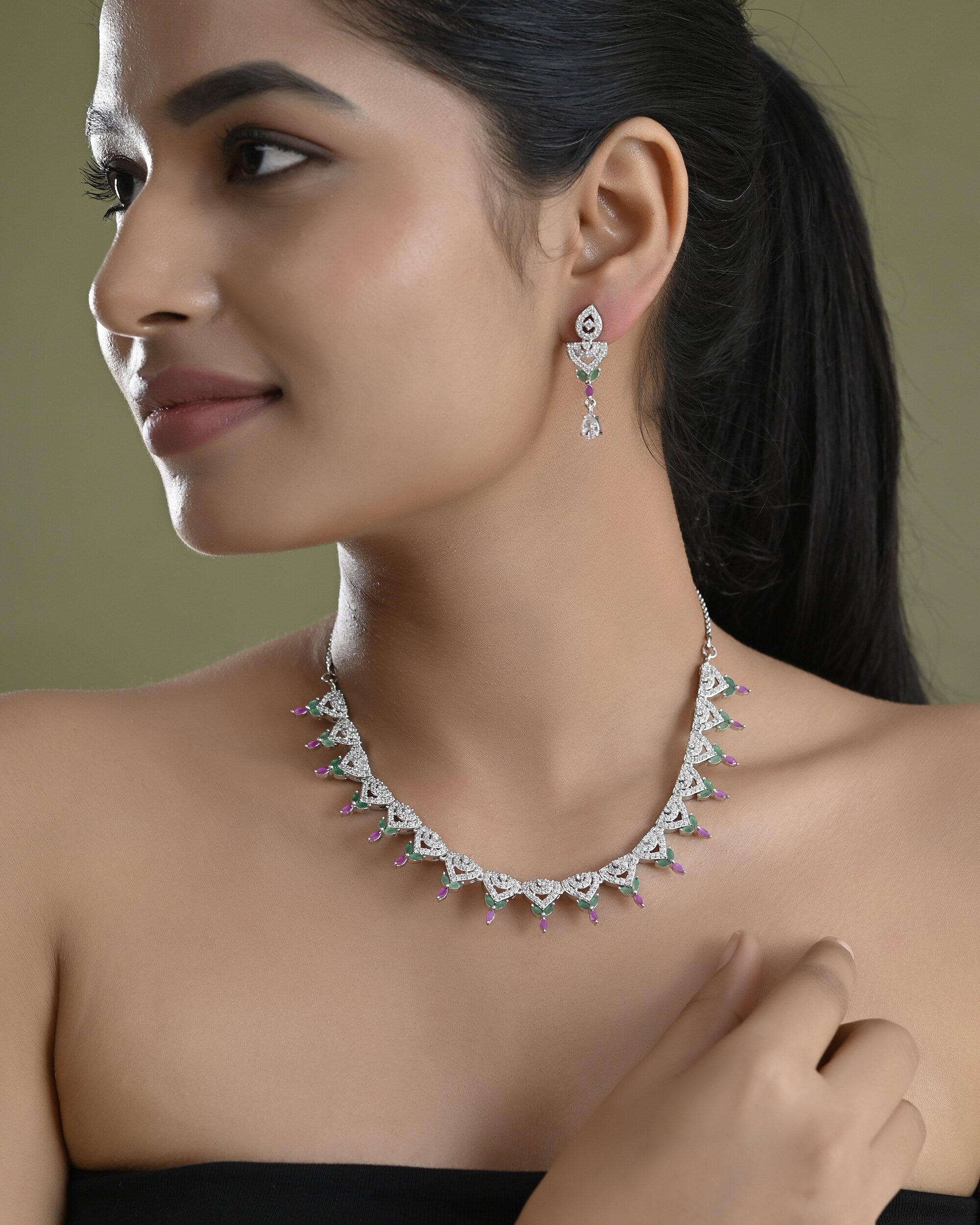VOJ Silver Plated Green And Pink Stone AD Necklace And Earrings Set