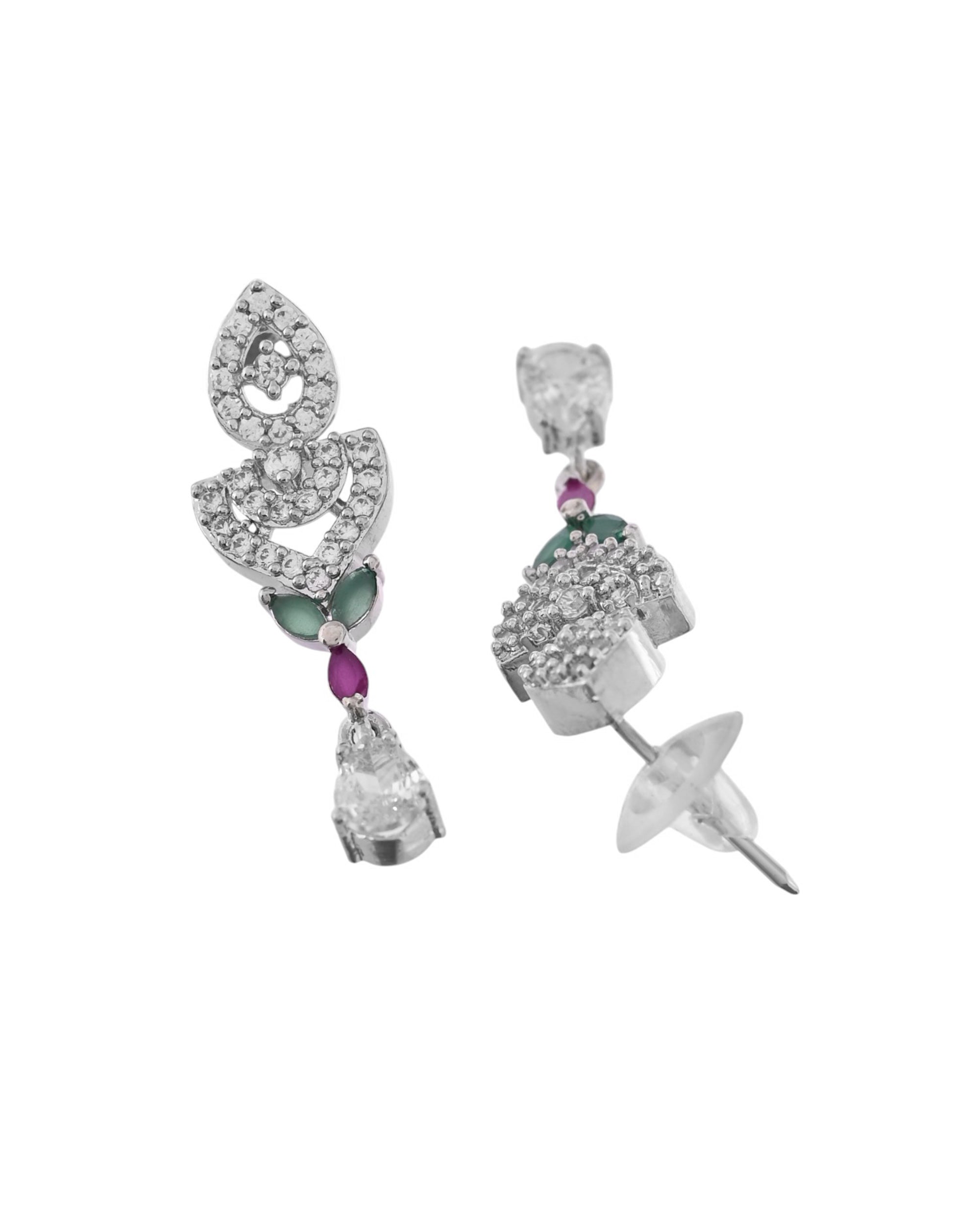 VOJ Silver Plated Green And Pink Stone AD Necklace And Earrings Set