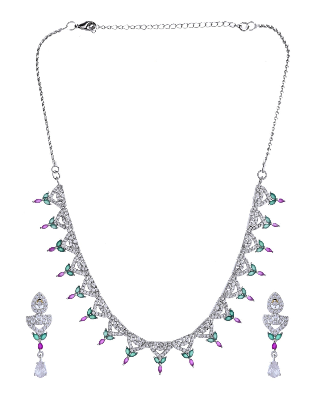 VOJ Silver Plated Green And Pink Stone AD Necklace And Earrings Set