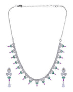 VOJ Silver Plated Green And Pink Stone AD Necklace And Earrings Set