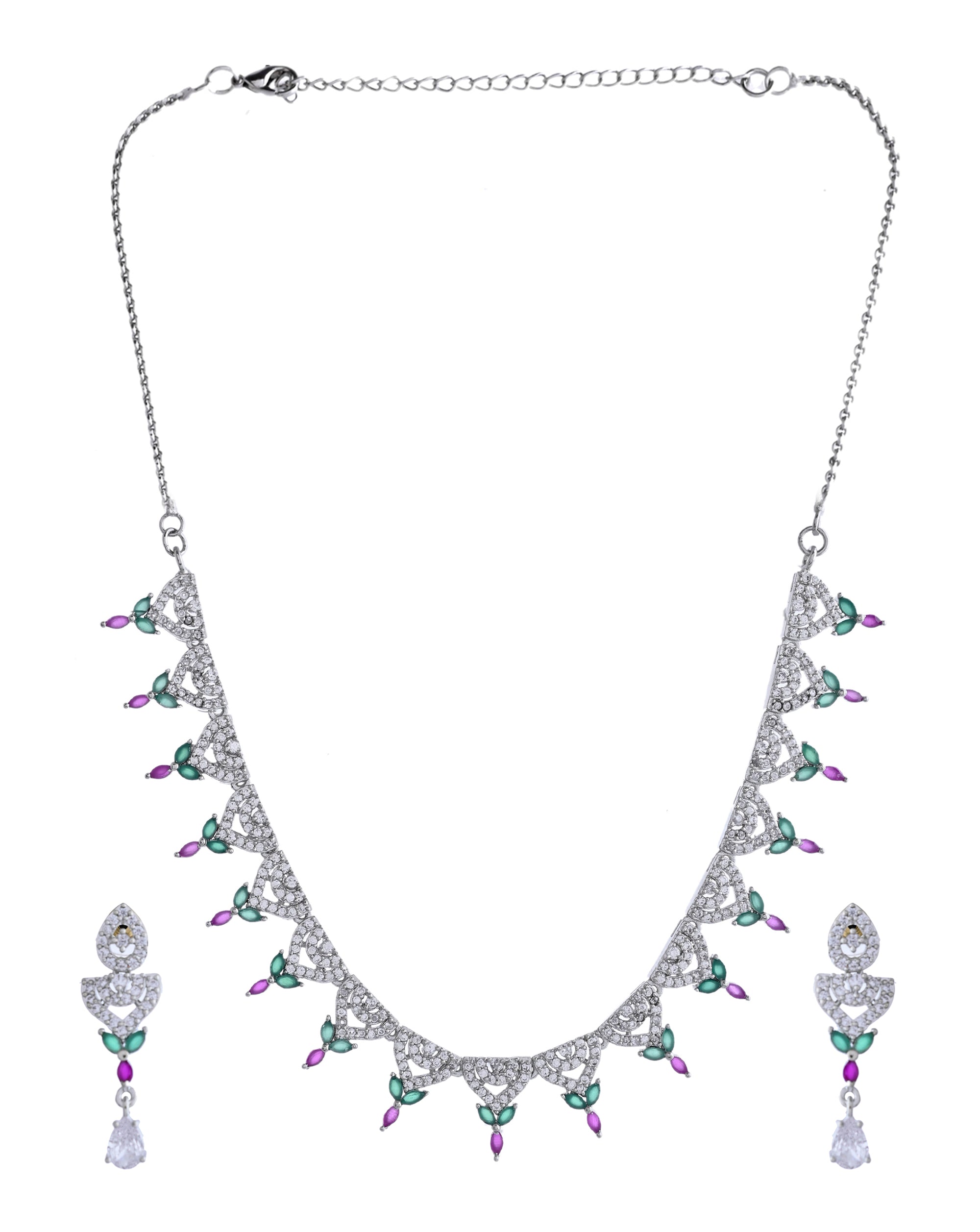 VOJ Silver Plated Green And Pink Stone AD Necklace And Earrings Set