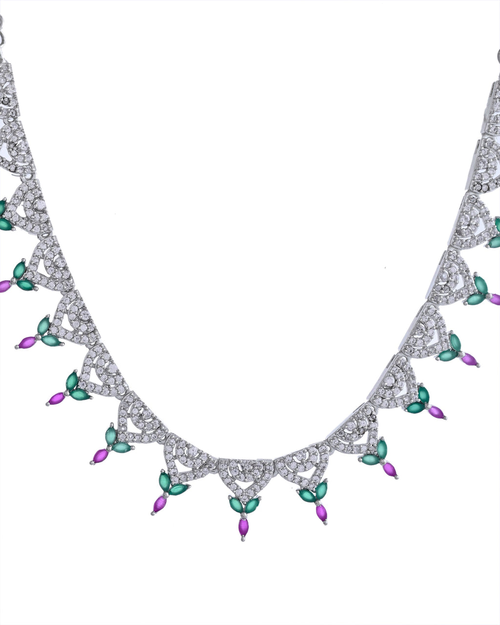 VOJ Silver Plated Green And Pink Stone AD Necklace And Earrings Set