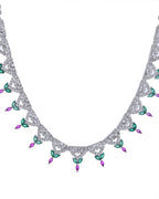 VOJ Silver Plated Green And Pink Stone AD Necklace And Earrings Set