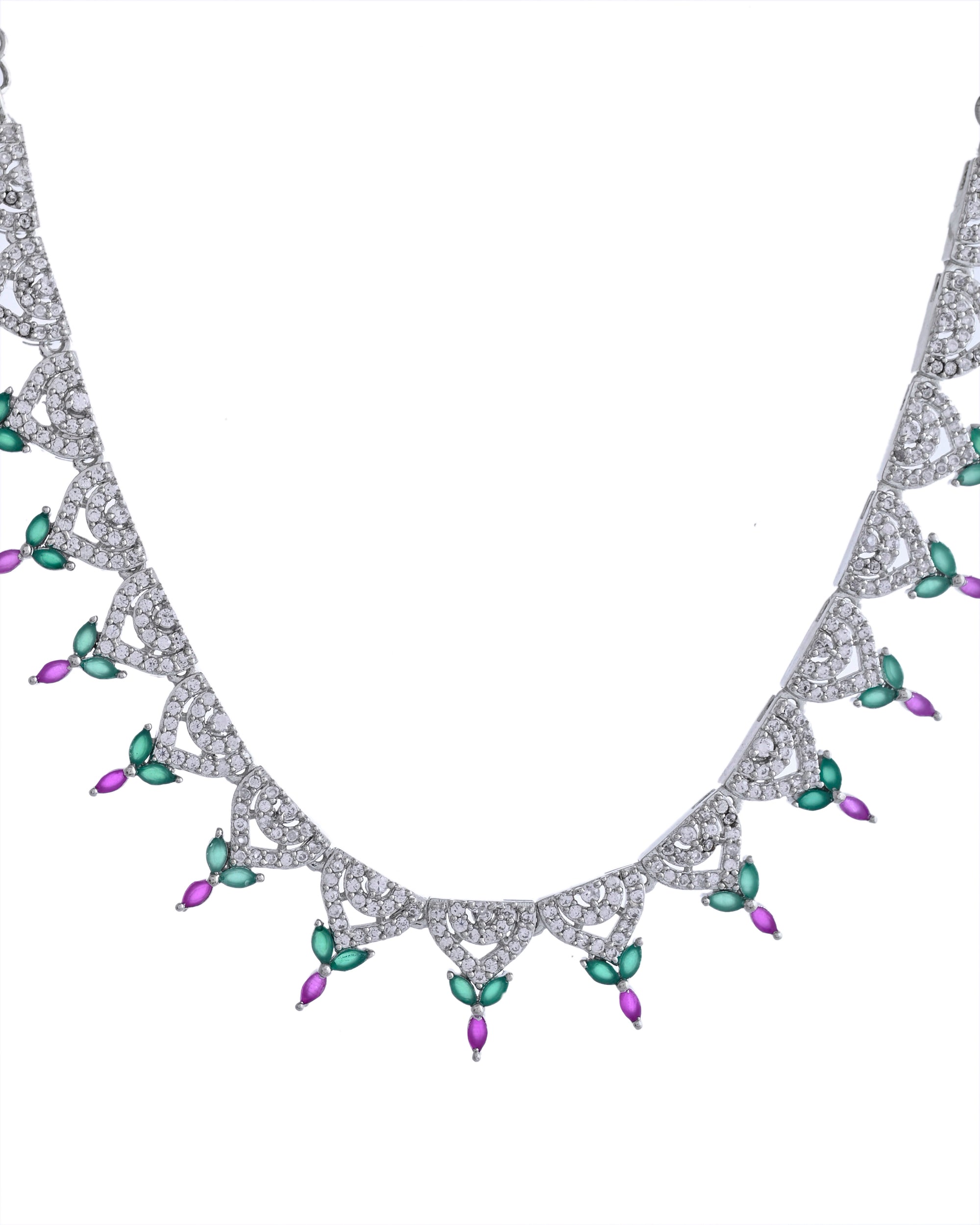 VOJ Silver Plated Green And Pink Stone AD Necklace And Earrings Set