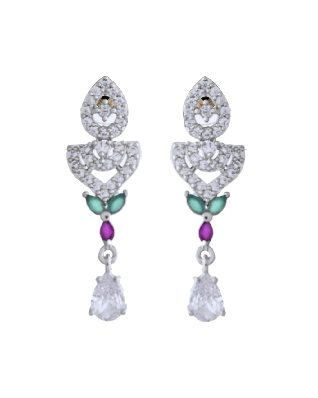 VOJ Silver Plated Green And Pink Stone AD Necklace And Earrings Set