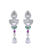 VOJ Silver Plated Green And Pink Stone AD Necklace And Earrings Set