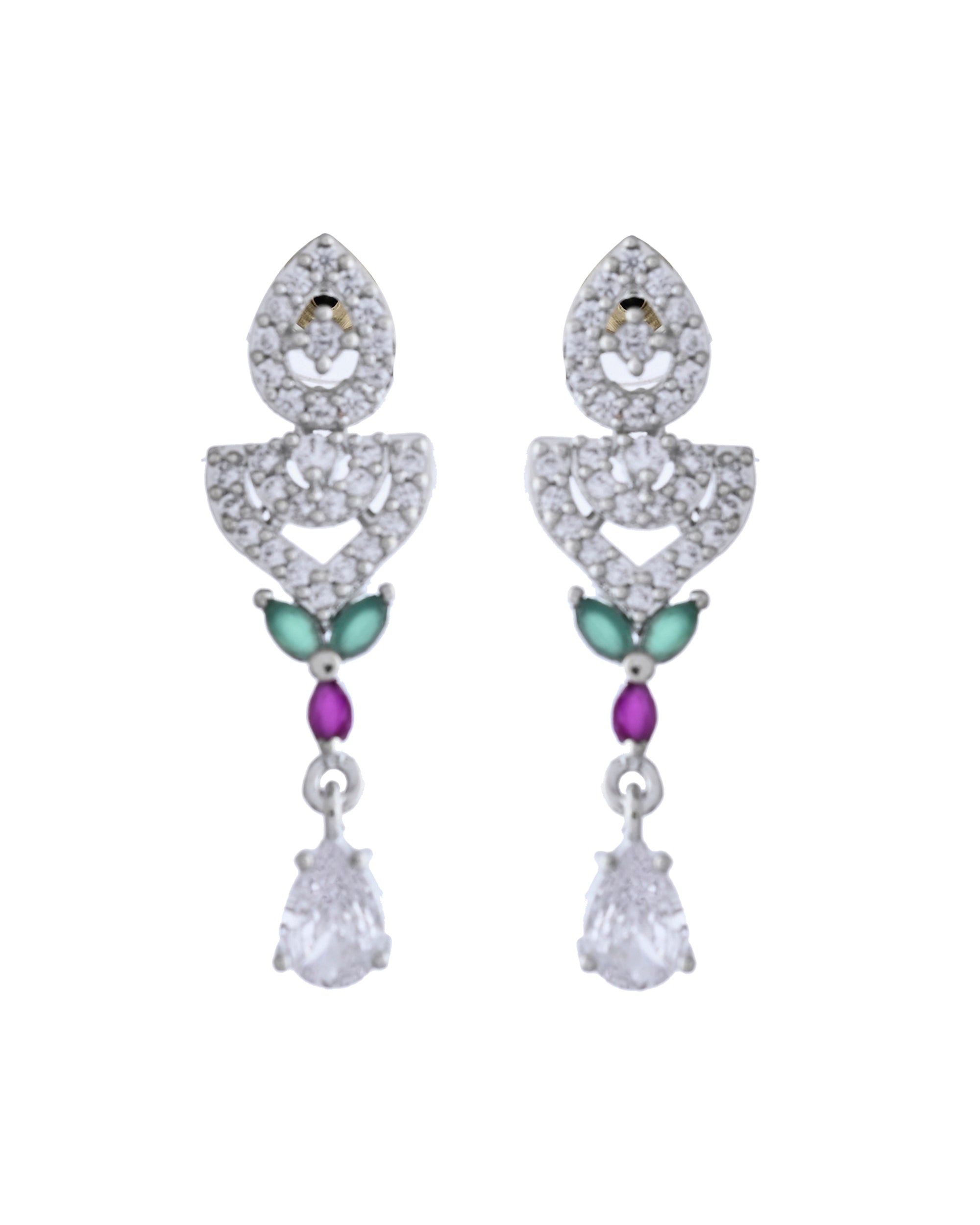 VOJ Silver Plated Green And Pink Stone AD Necklace And Earrings Set