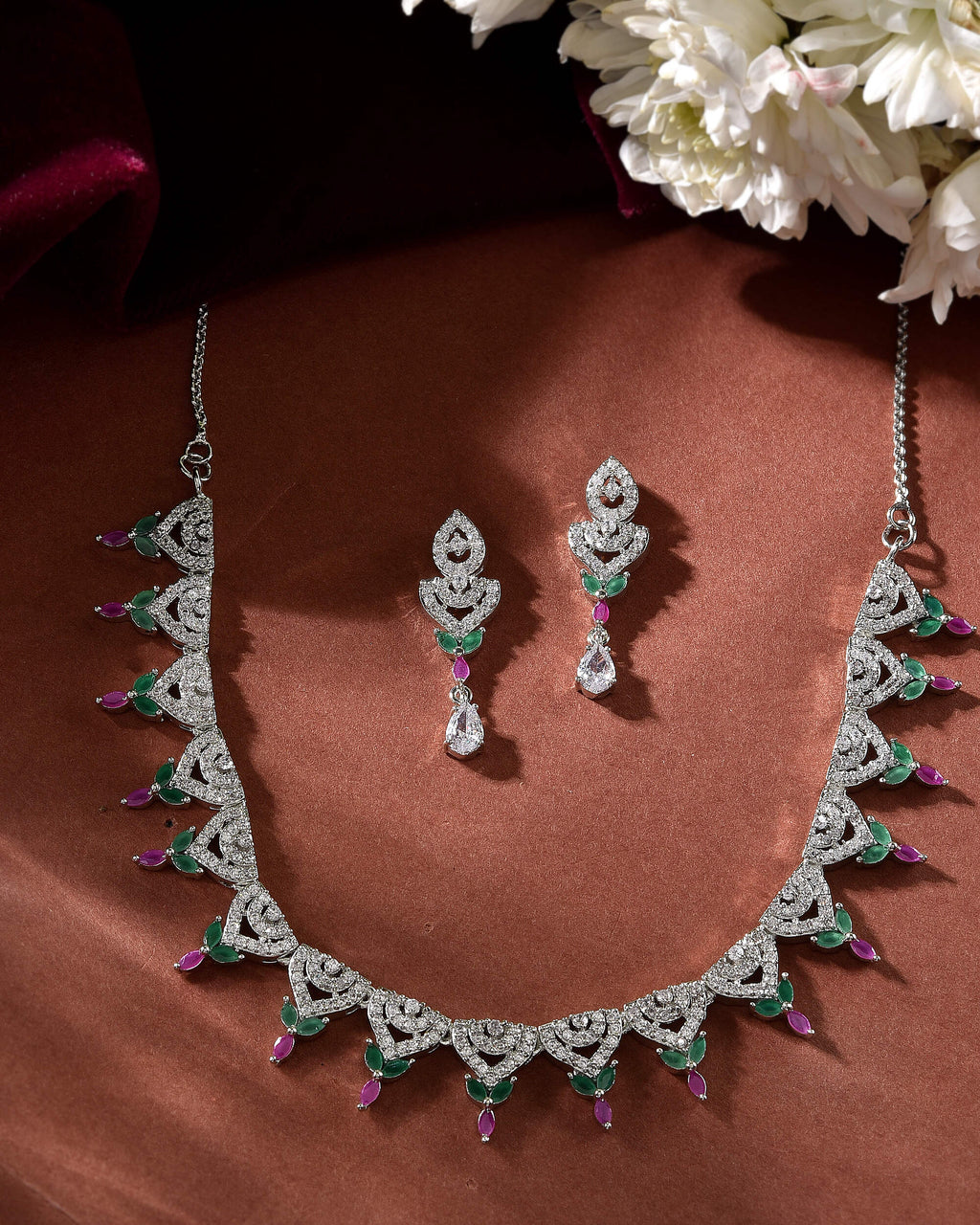 VOJ Silver Plated Green And Pink Stone AD Necklace And Earrings Set